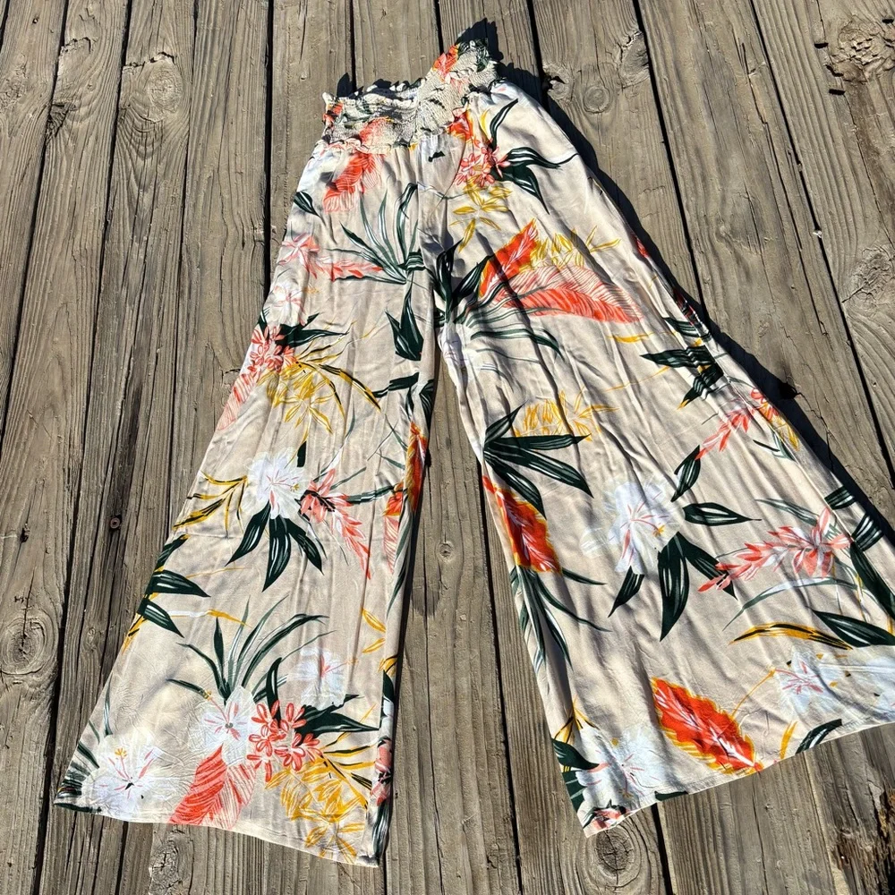 Patrons of Peace Wide Leg Tropical Floral Pants in Cream, Green, Orange - Picture 2 of 5